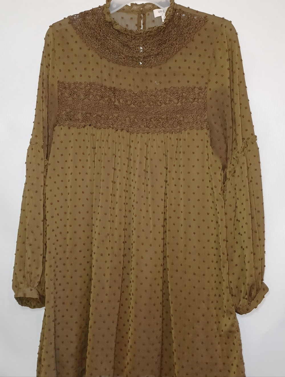 Umgee Women’s Medium Sized Olive Brown Textured Swiss Dot Dress with Lace Yoke